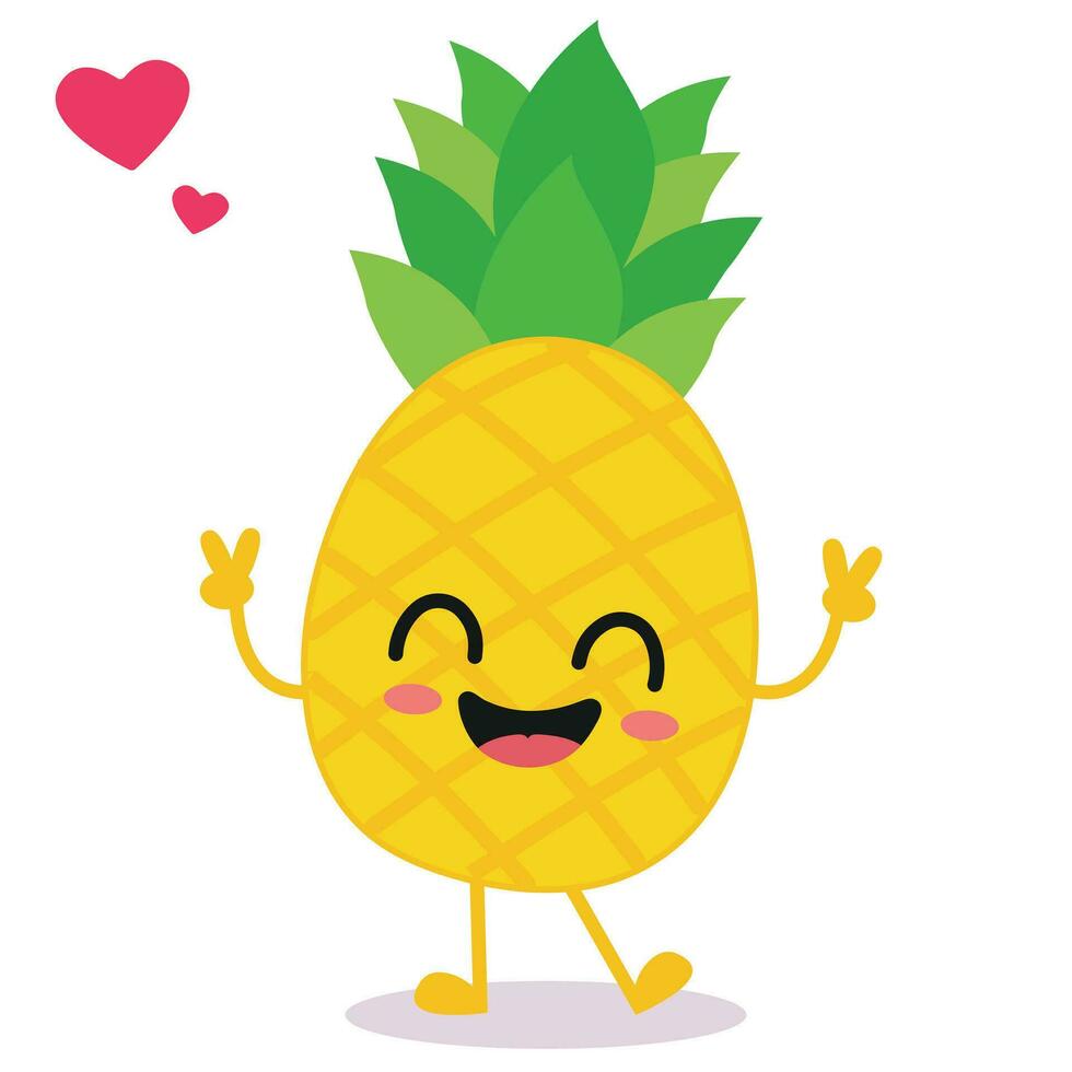 glücklich lächelnd kawaii süß Ananas. Vektor eben Obst Charakter Illustration Maskottchen Design. isoliert auf Weiß Hintergrund.