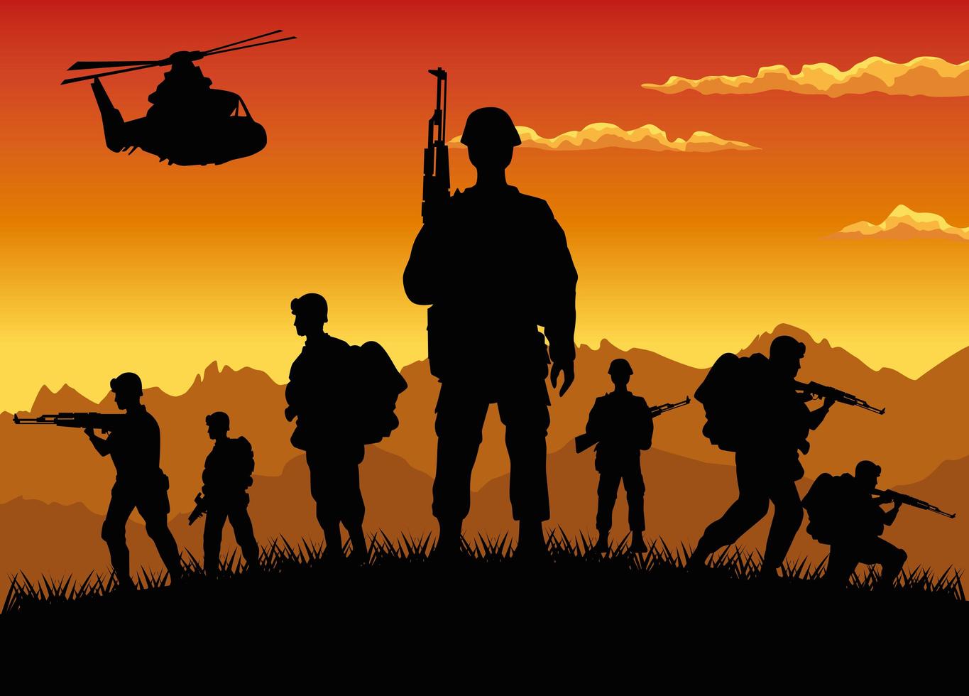 Militärsoldaten mit Waffen und Hubschrauber Silhouetten Sonnenuntergang Szene vektor