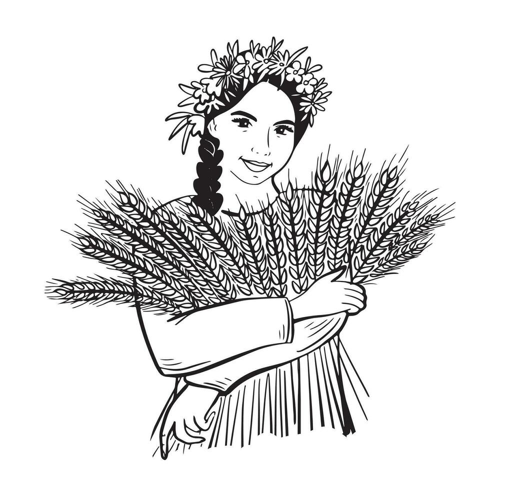 flicka jordbrukare med en blomma krans på henne huvud innehav vete logo.vector illustration. vektor