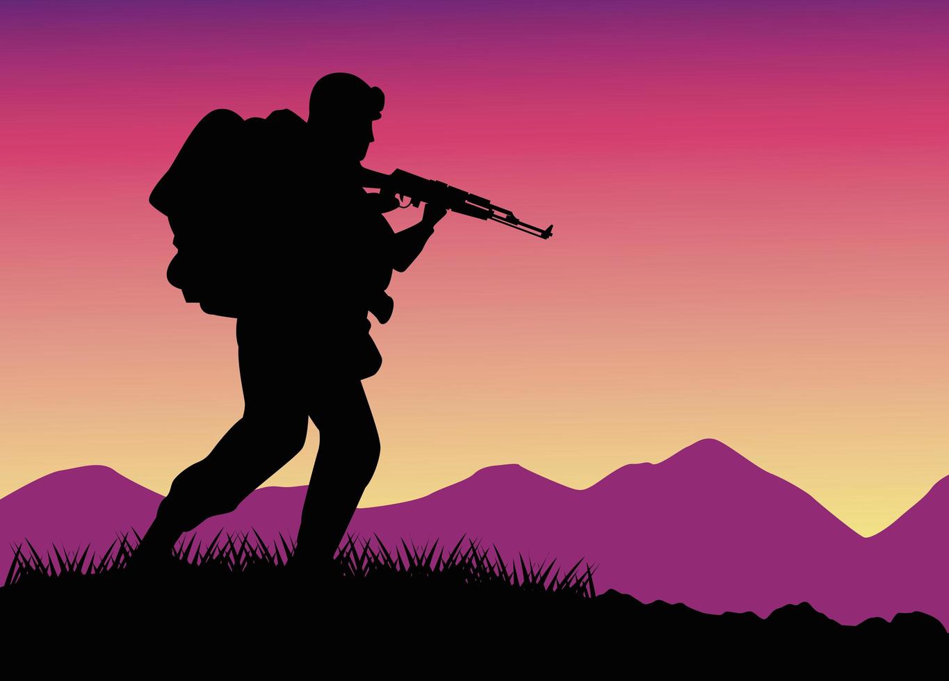 Militärsoldat mit Pistole Silhouette Figur im Feld vektor