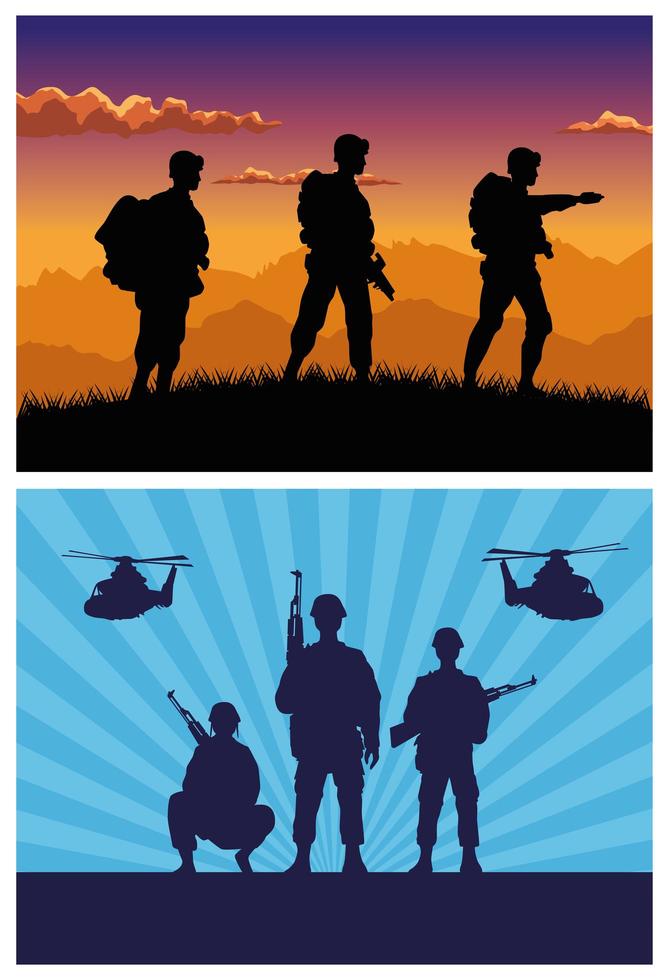 militära soldater med vapen och helikoptrar silhuetter vektor