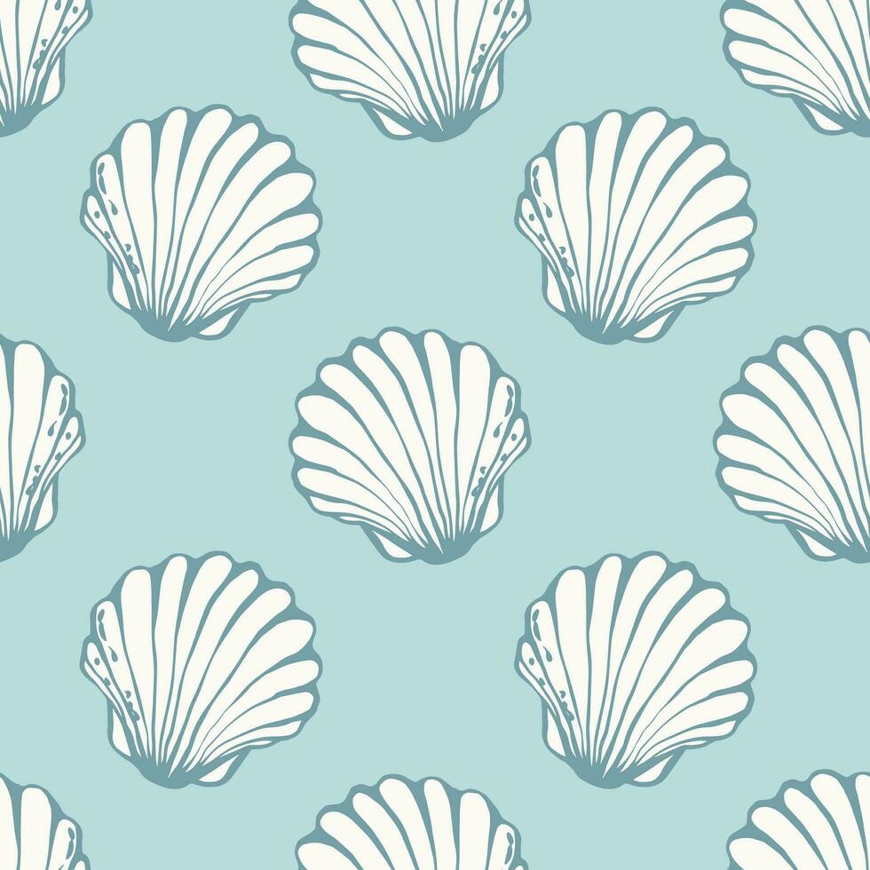 Jakobsmuschel Muscheln nahtlos Muster. Marine Textil- oder Badezimmer Tapeten drucken Design mit Hand gezeichnet Herzmuschel Muscheln auf Blau Hintergrund. Vektor Illustration.