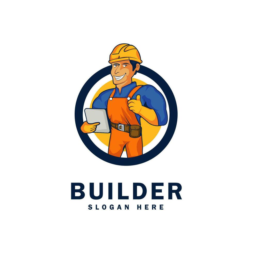 Auftragnehmer Maskottchen Logo Design, Konstruktion Arbeiter Karikatur Charakter Emblem, Gebäude mit Vertrauen. Vektor Illustration