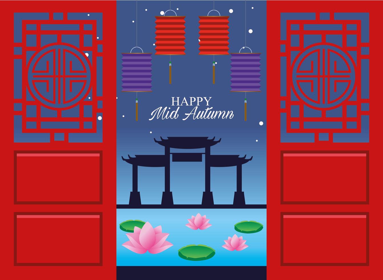 Happy Mid Autumn Festival Card mit hängenden Laternen und chinesischen Bögen vektor