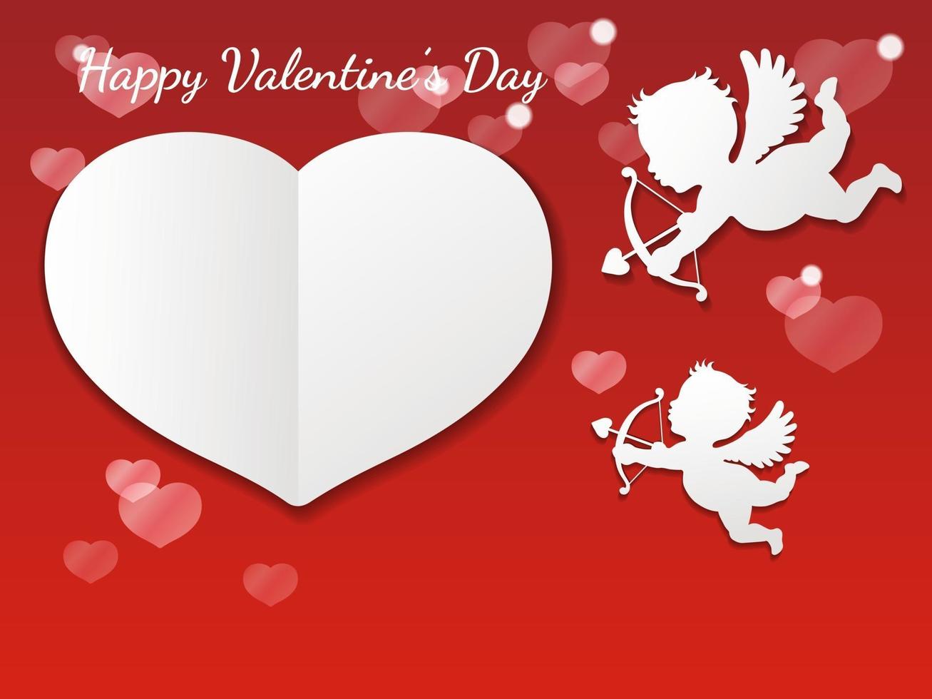 Valentinstag-Vektor-Kartenvorlage mit zwei Amoren, die eine leere weiße Herzform anvisieren vektor