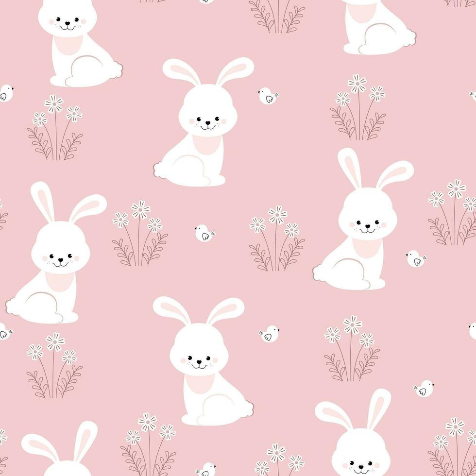 nahtlos Muster Kaninchen, Vogel und Blumen. schön dekorativ Hase Rosa Hintergrund, Element zum Design. Design drucken zum Textil. vektor