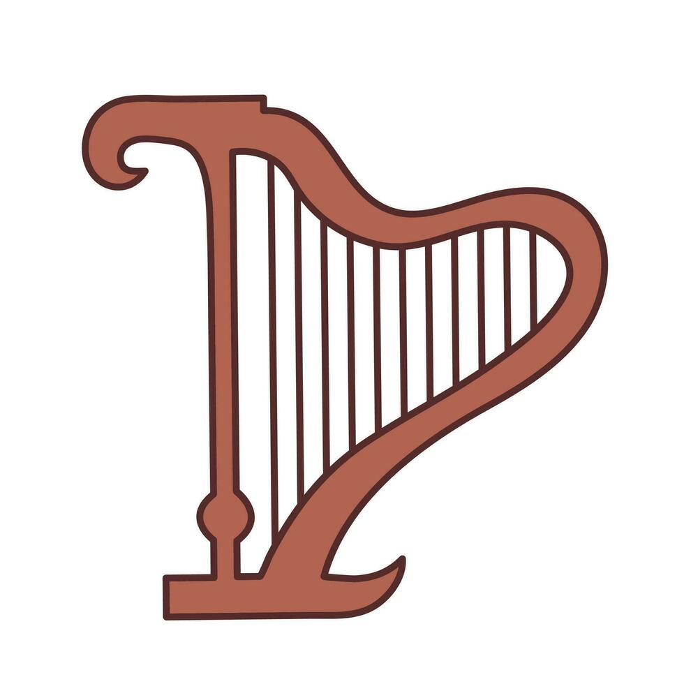 einer Single braun farbig Harfe Musical Instrument Vektor Symbol umrissen Illustration isoliert auf Platz Weiß Hintergrund. einfach eben minimalistisch Musical Instrumente Artikel Zeichnung.