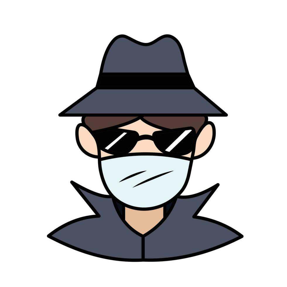 inkognito oder anonym Person tragen dunkel grau Hut und Mantel mit schwarz Sonnenbrille farbig Vektor Symbol umrissen isoliert auf Platz Weiß Hintergrund. einfach eben Karikatur Kunst gestylt Zeichnung.