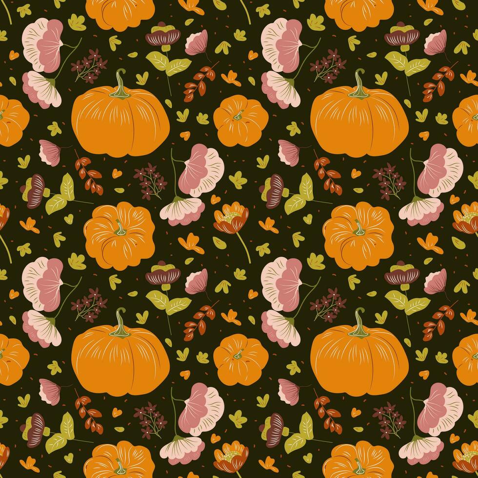 sömlös mönster med pumpor och växter. vektor mönster med orange pumpor och rosa blommor på en mörk brun bakgrund i de stil av scandinavian folk, rustik motiv. rustik skriva ut med falla