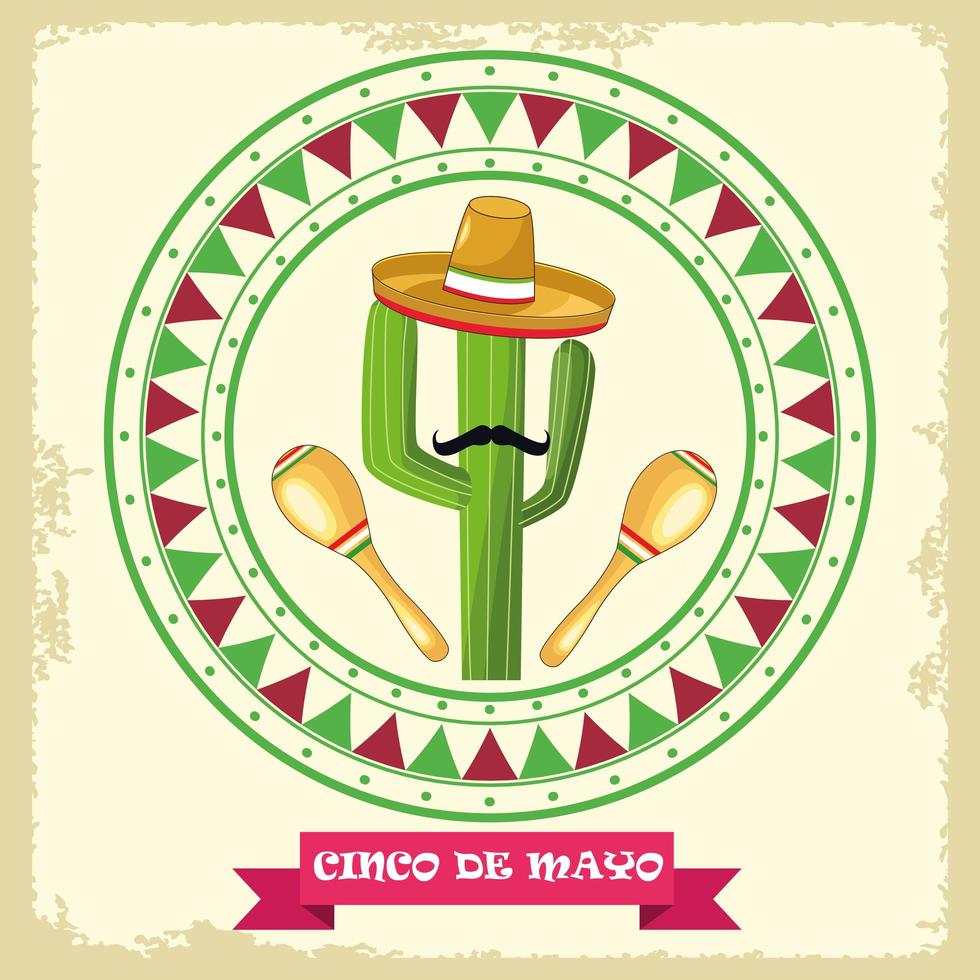 Cinco de Mayo-Feier mit Kaktus und mexikanischem Hut runder Rahmen vektor