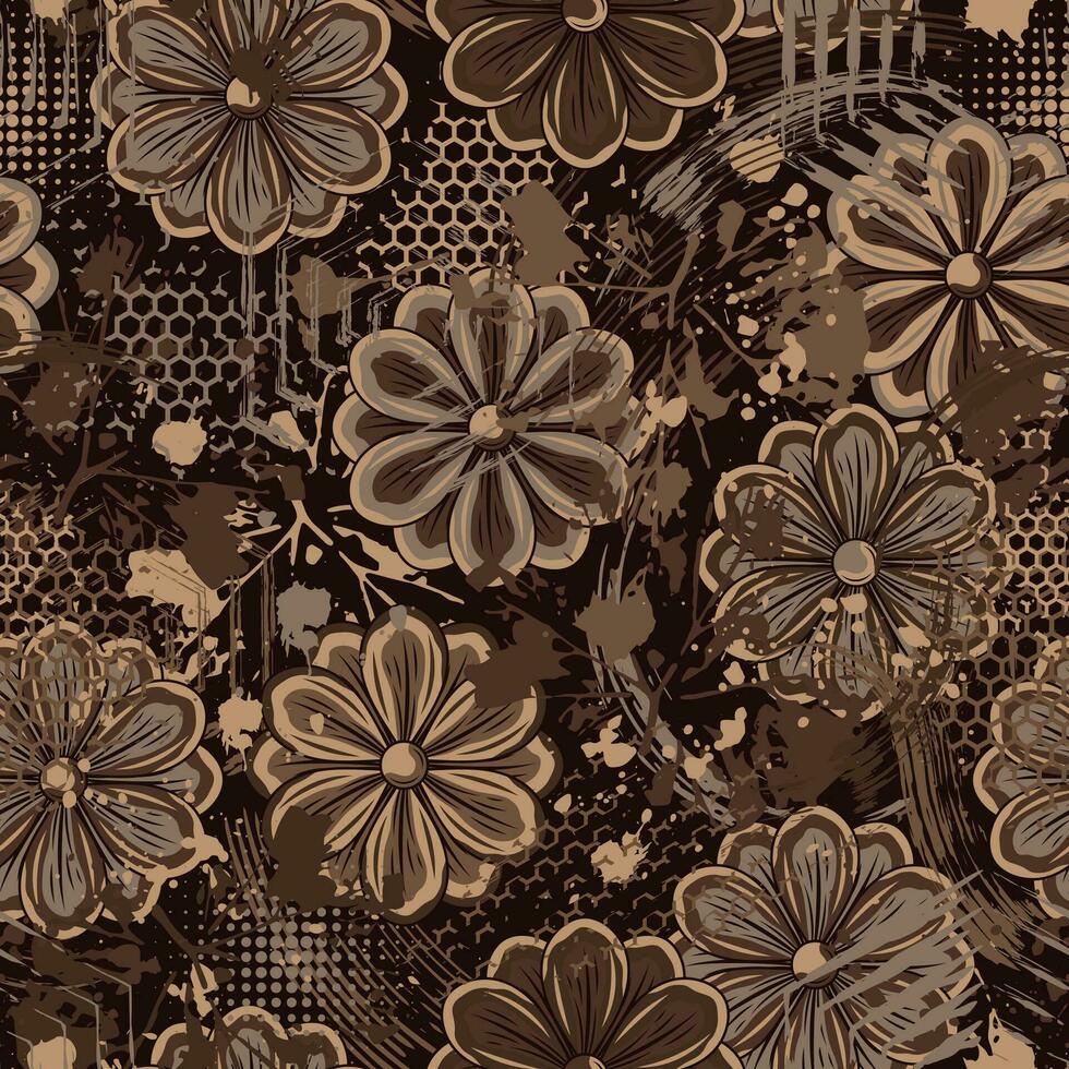 sömlös brun kamouflage mönster med kamomill blomma, grunge måla borsta slag, abstrakt måla stänka ner, fläcka, sexhörning former. Bra för kläder, tyg, textil, sport varor. grunge textur vektor