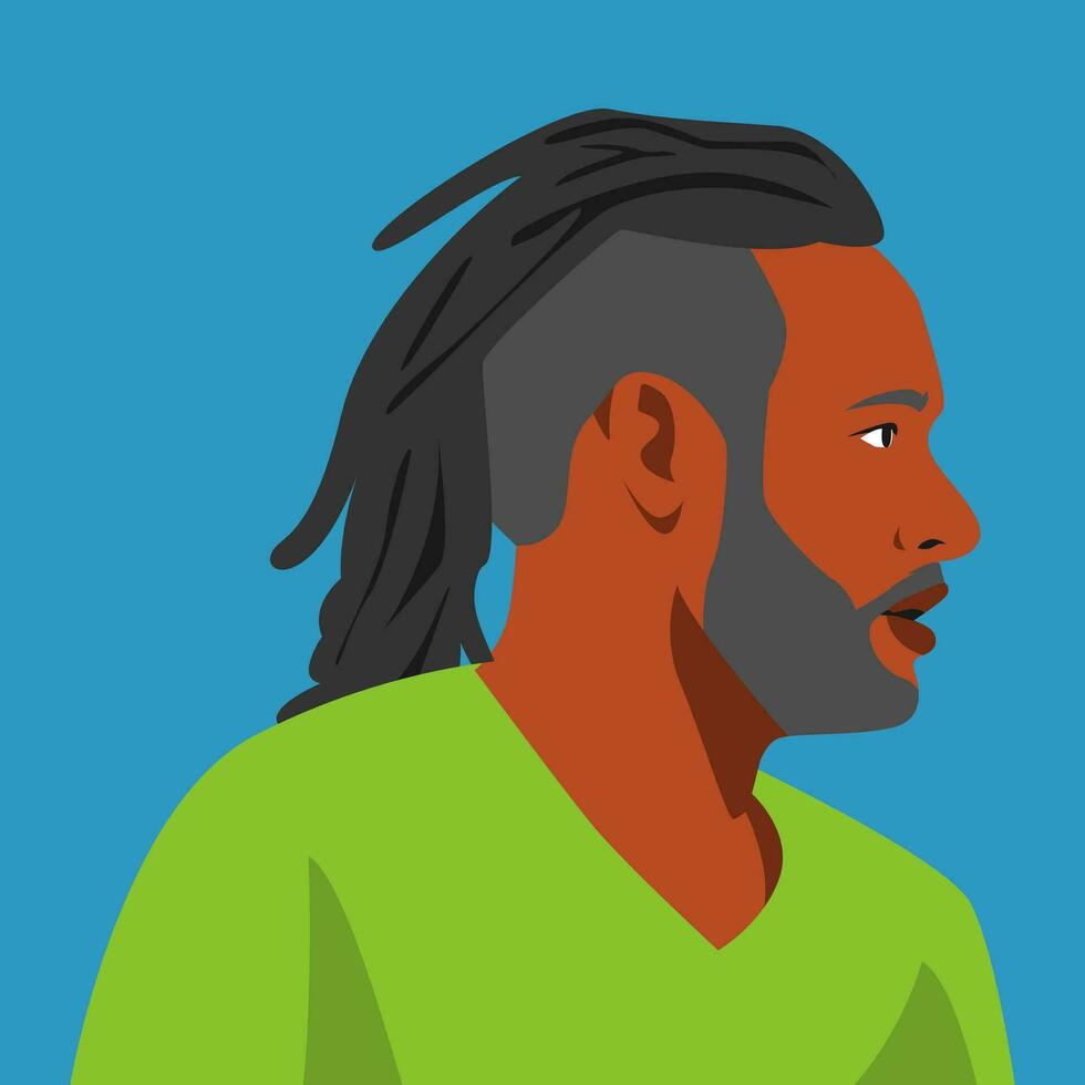 Benutzerbild männlich Gesicht mit Dreadlocks Frisur, Koteletten, Schnurrbart und Bart. Seite Sicht. Vektor Grafik.