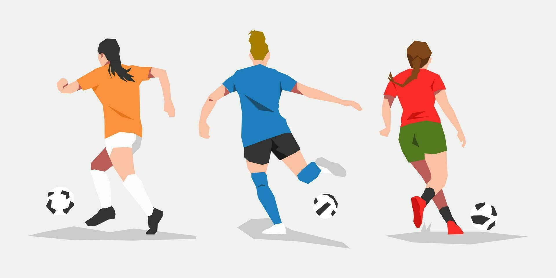 einstellen von mehrere weiblich Fußball Fußball Spieler Athlet Dribbling das Ball. zurück Sicht. Thema von Sport, Fußball, Frauen. Vektor eben Illustration.
