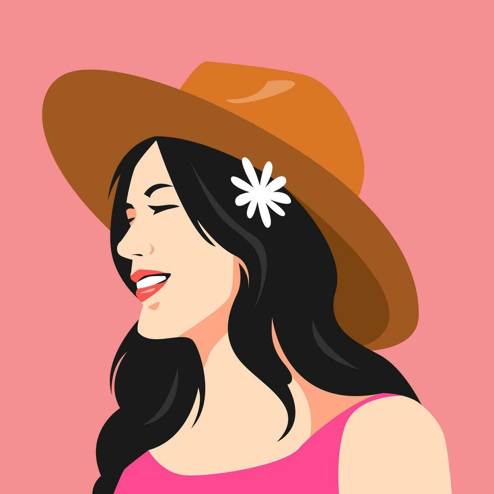 porträtt av leende kvinna bär fedora hatt och blomma Tillbehör i hår. sommar begrepp, strand. lämplig för avatar, social media profil, skriva ut, etc. vektor platt grafisk.