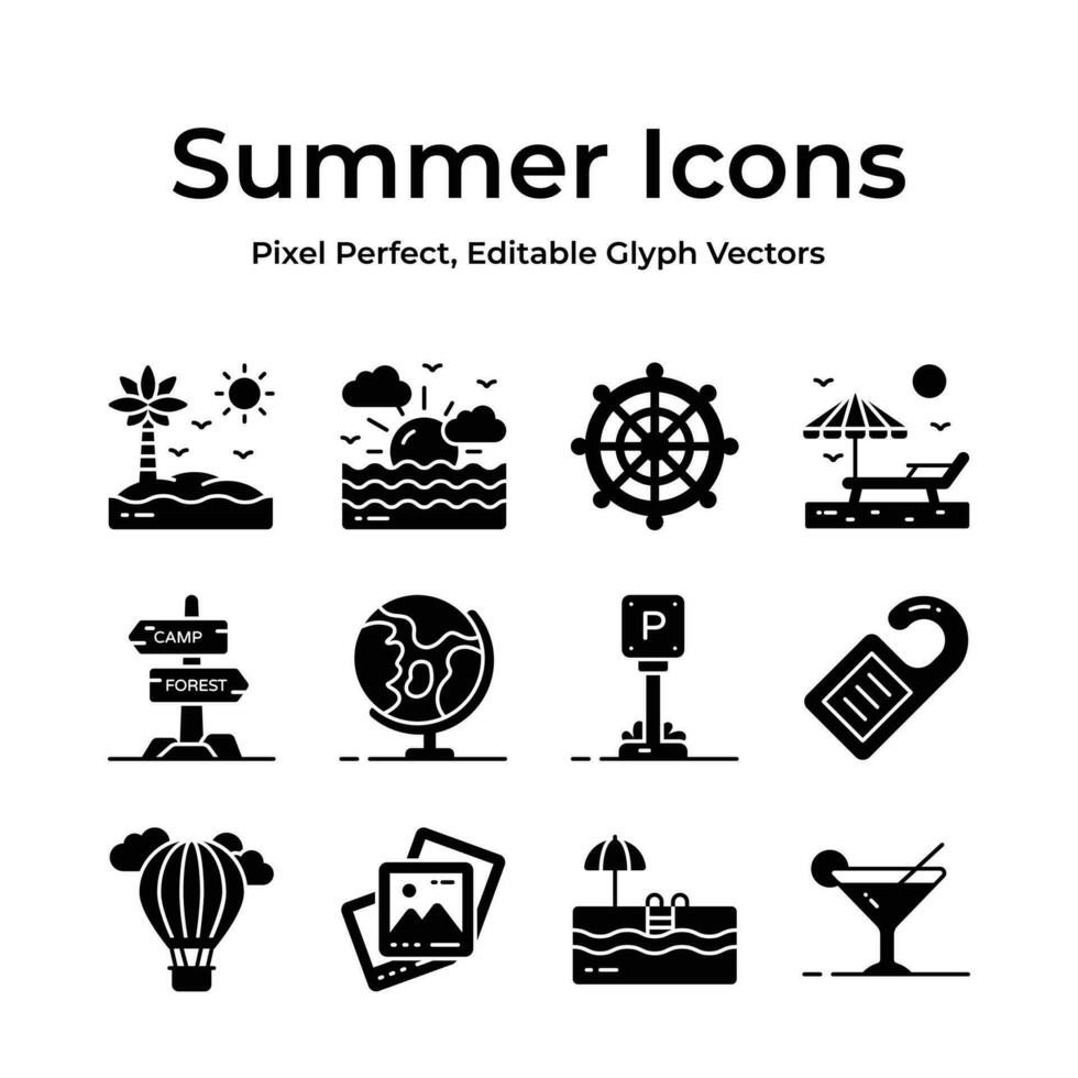Transport du selber zu ein tropisch Paradies mit diese Sommer- Symbole Pack, mit bunt Cocktails und Strand Zubehör vektor