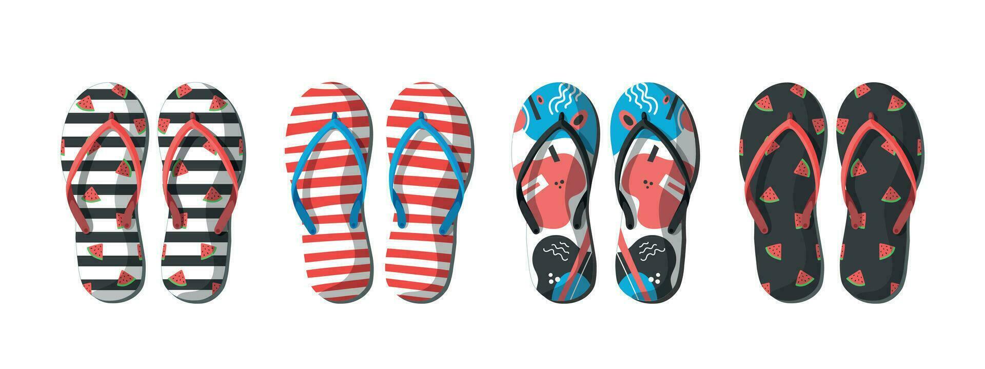 vektor uppsättning med färgrik sommar flip flops för strand Semester mönster. flip flops uppsättning isolerat på vit bakgrund. tofflor sommar uppsättning