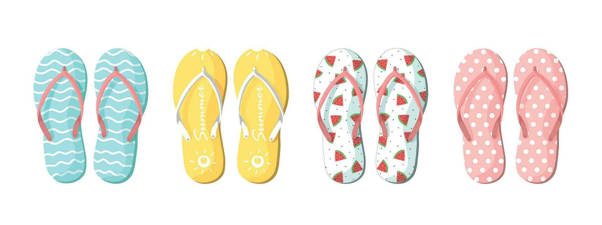 vektor uppsättning med färgrik sommar flip flops för strand Semester mönster. flip flops uppsättning isolerat på vit bakgrund. tofflor sommar uppsättning