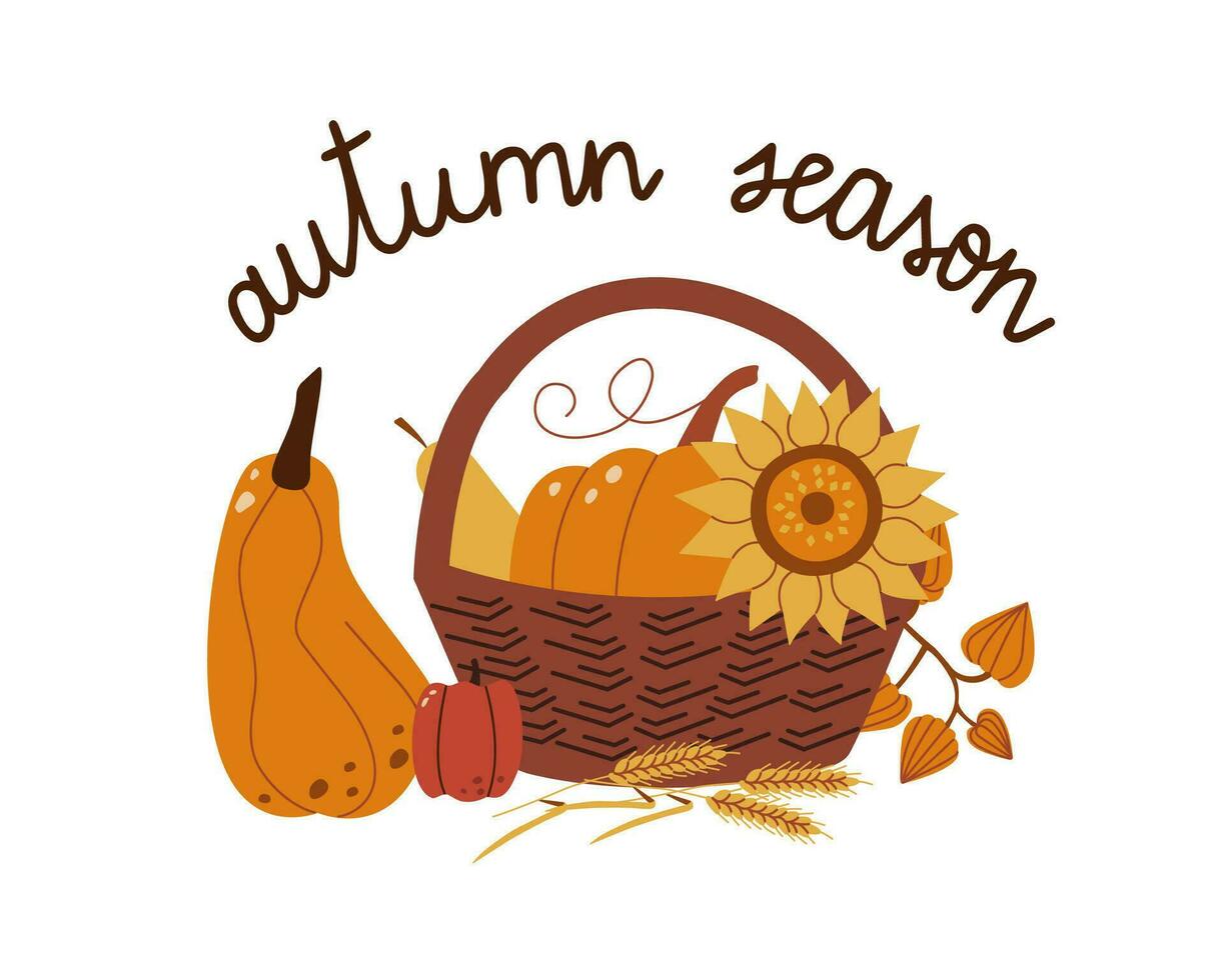 Herbst Gemüse im Korb. Ernte Versammlung Zeit. Herbst Jahreszeit bunt Komposition mit Zitat Inschrift. vektor