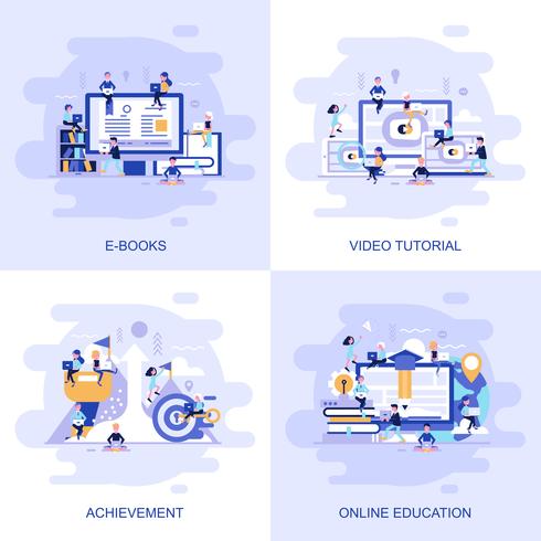 Moderne flache Konzept-Web-Banner von Video-Tutorial, Achievement, Online-Bildung und E Books mit dekorierten kleinen Menschen Charakter. vektor