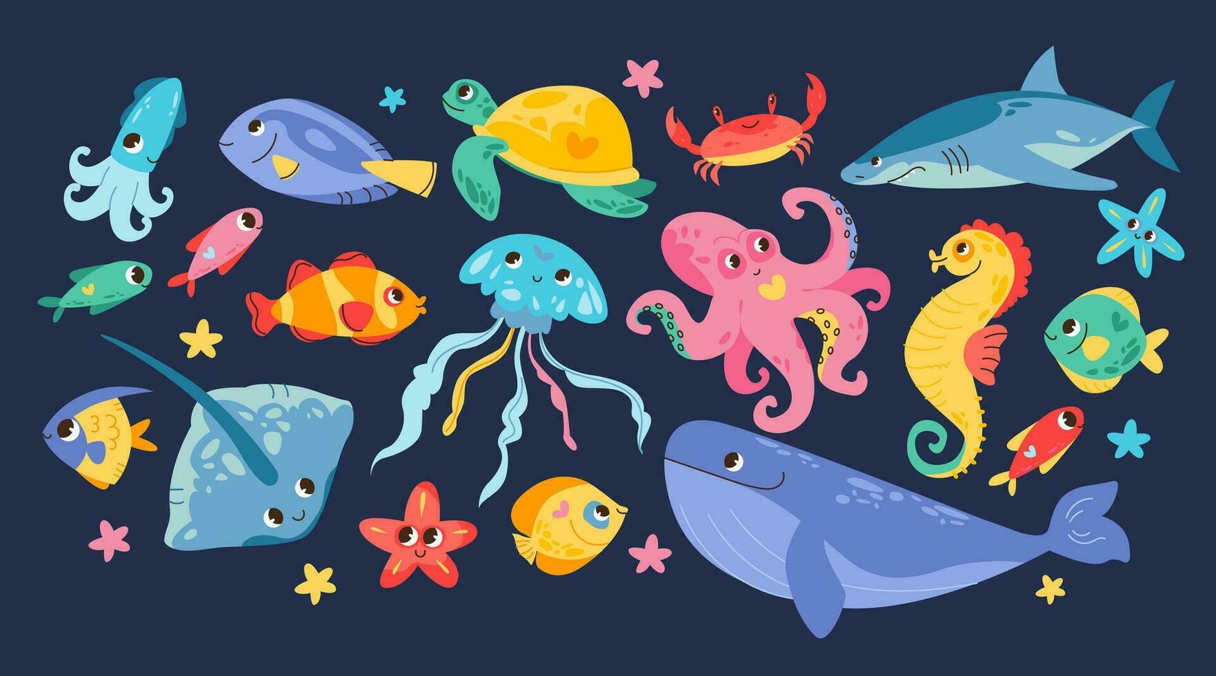 unter Wasser Welt, Meer Leben. süß Meer Tiere und Fisch. Karikatur Vektor Zeichen mit lächelnd Gesichter.