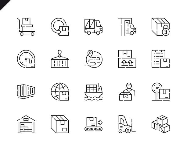 Enkel uppsättning paketleveranslinjeikoner för webbplats- och mobilapps. vektor