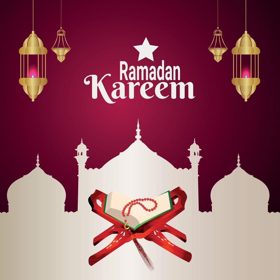 ramadan kareem platt designkoncept med helig bok Quraan och moské vektor