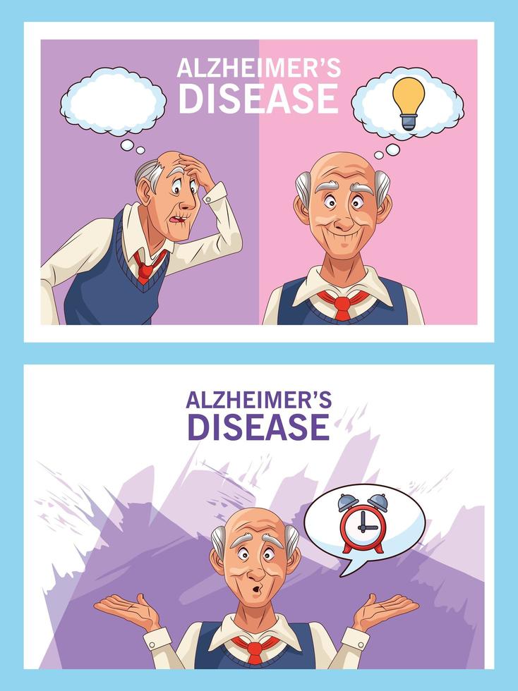 gamla män patienter med Alzheimers sjukdom med pratbubblan och glödlampan vektor