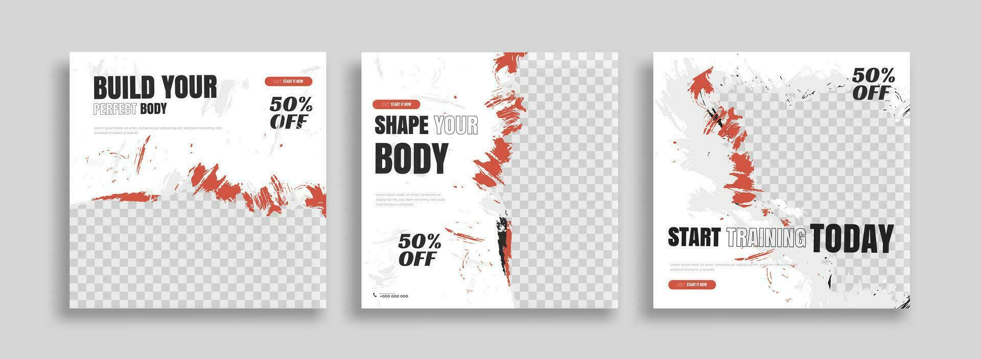 Beiträge auf Sozial Medien Vektor Illustration. stilvoll Grafik Vorlagen Beiträge. dynamisch Abstraktionen Typografie Foto. modern Kunst Farbe und Bürste Flecken, Fitness Fächer Fitnessstudio