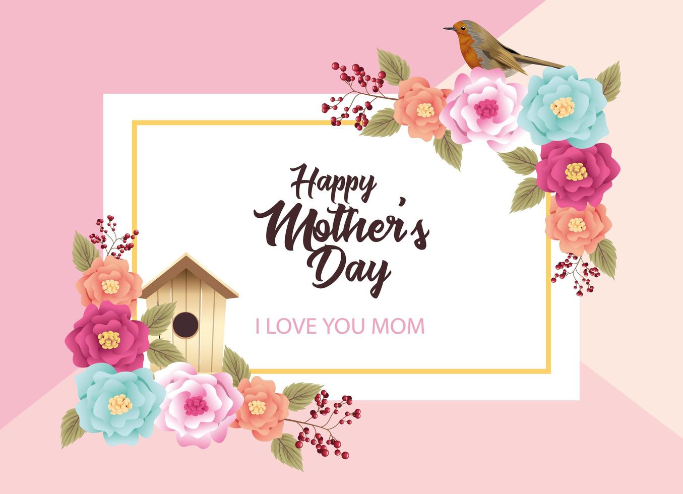 Happy Mothers Day Karte mit Blumen und Vogelhaus quadratischem Rahmen vektor