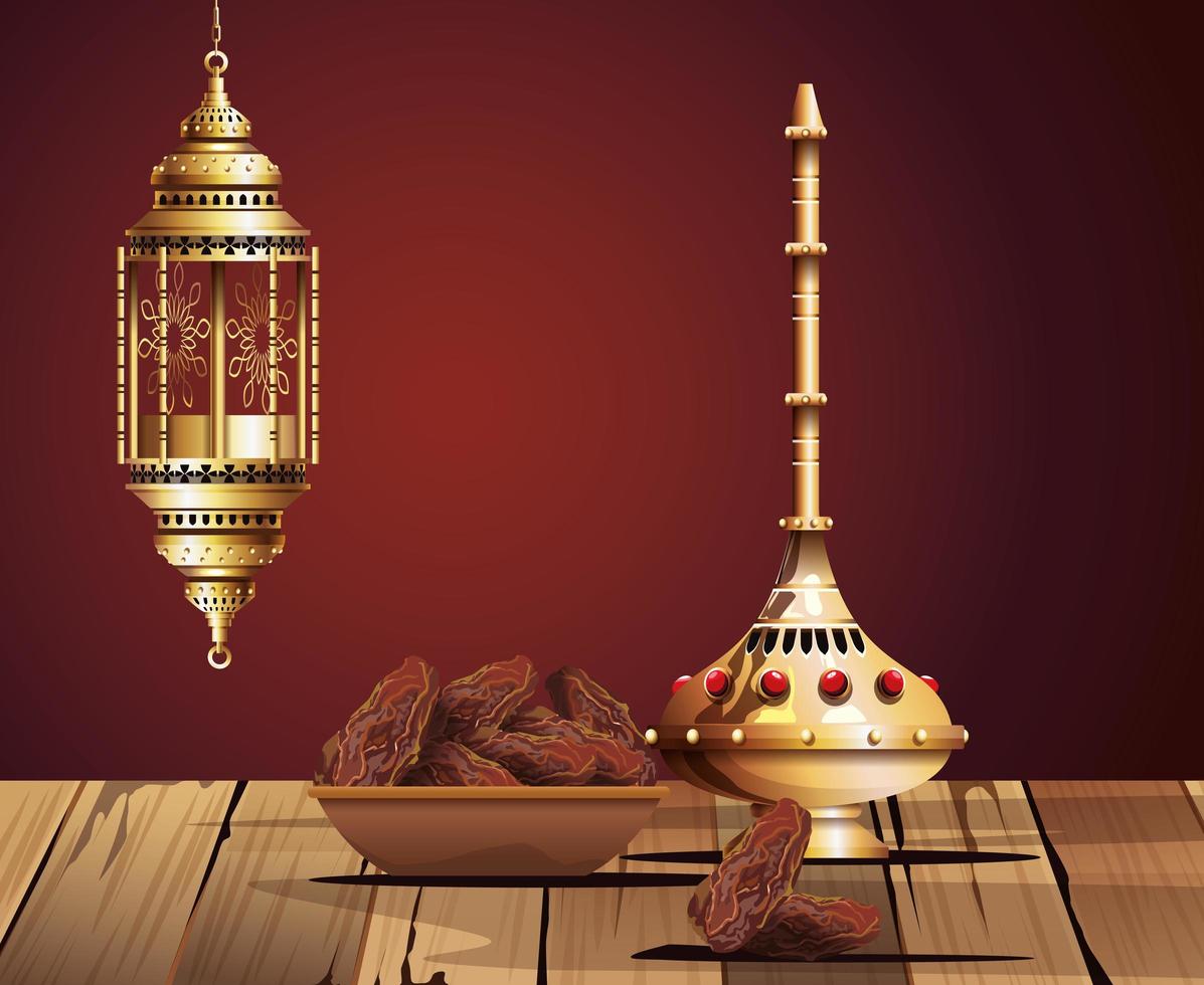 Ramadan Kareem Feier mit goldenem Kelch und Essen vektor