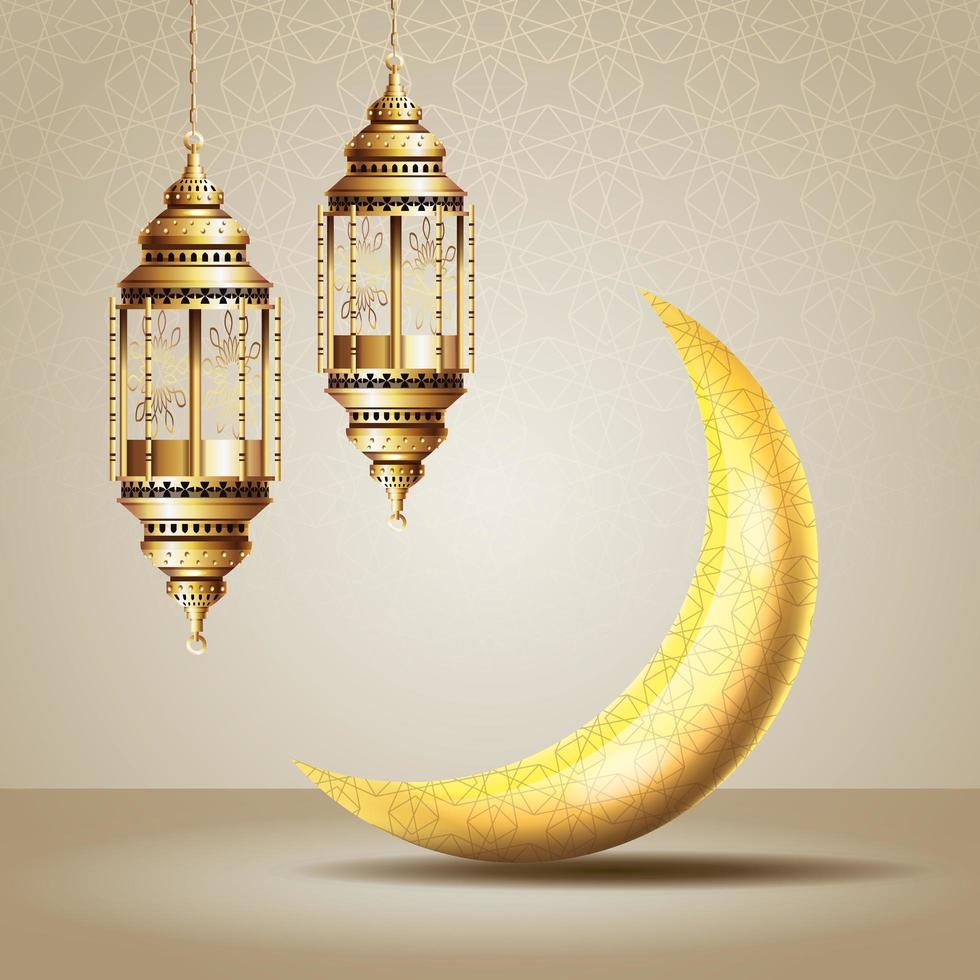 Ramadan Kareem Feier mit hängenden Laternen und Mond vektor