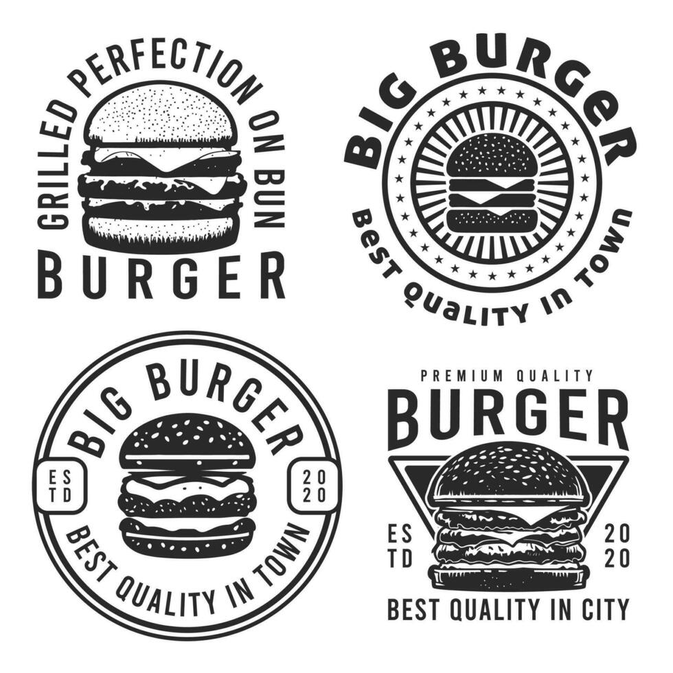 einstellen von groß Burger Etiketten und Abzeichen im Jahrgang Stil. Logo, Symbole, Embleme, und Design Elemente zum Burger Gaststätten. vektor