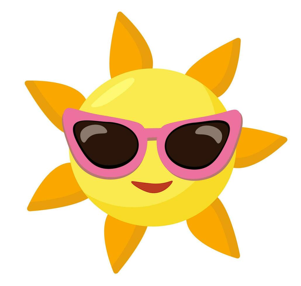 Sonne mit Sonnenbrille und lächeln. Karikatur Symbol, Aufkleber, Logo, Zeichen Sommer- Vektor Illustration.