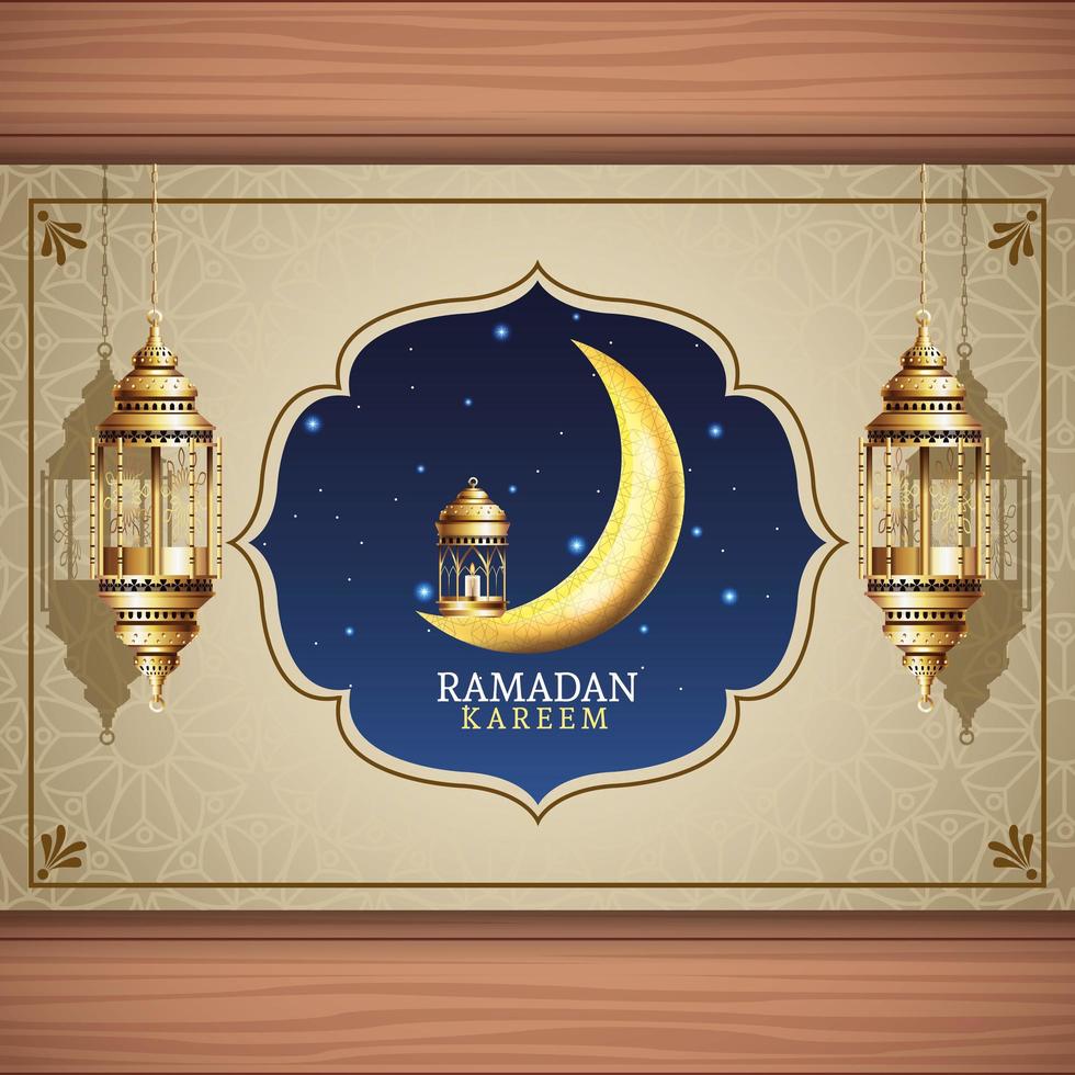 Ramadan Kareem Feier mit hängenden Laternen und Mond vektor