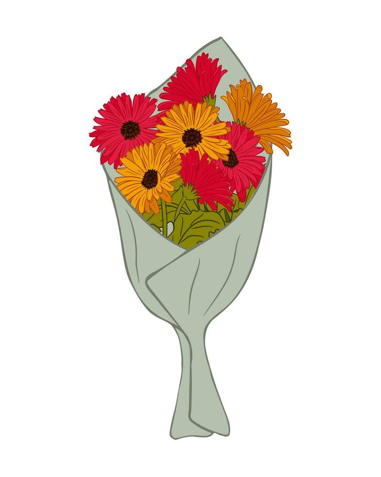 Strauß von Gerbera im Kunst Verpackung Papier. botanisch Komposition. Gliederung eben Vektor Illustration. isoliert Blumen- Bündel auf Weiß Hintergrund zum Gruß Karte, Einladung, Hintergrund oder Banner.