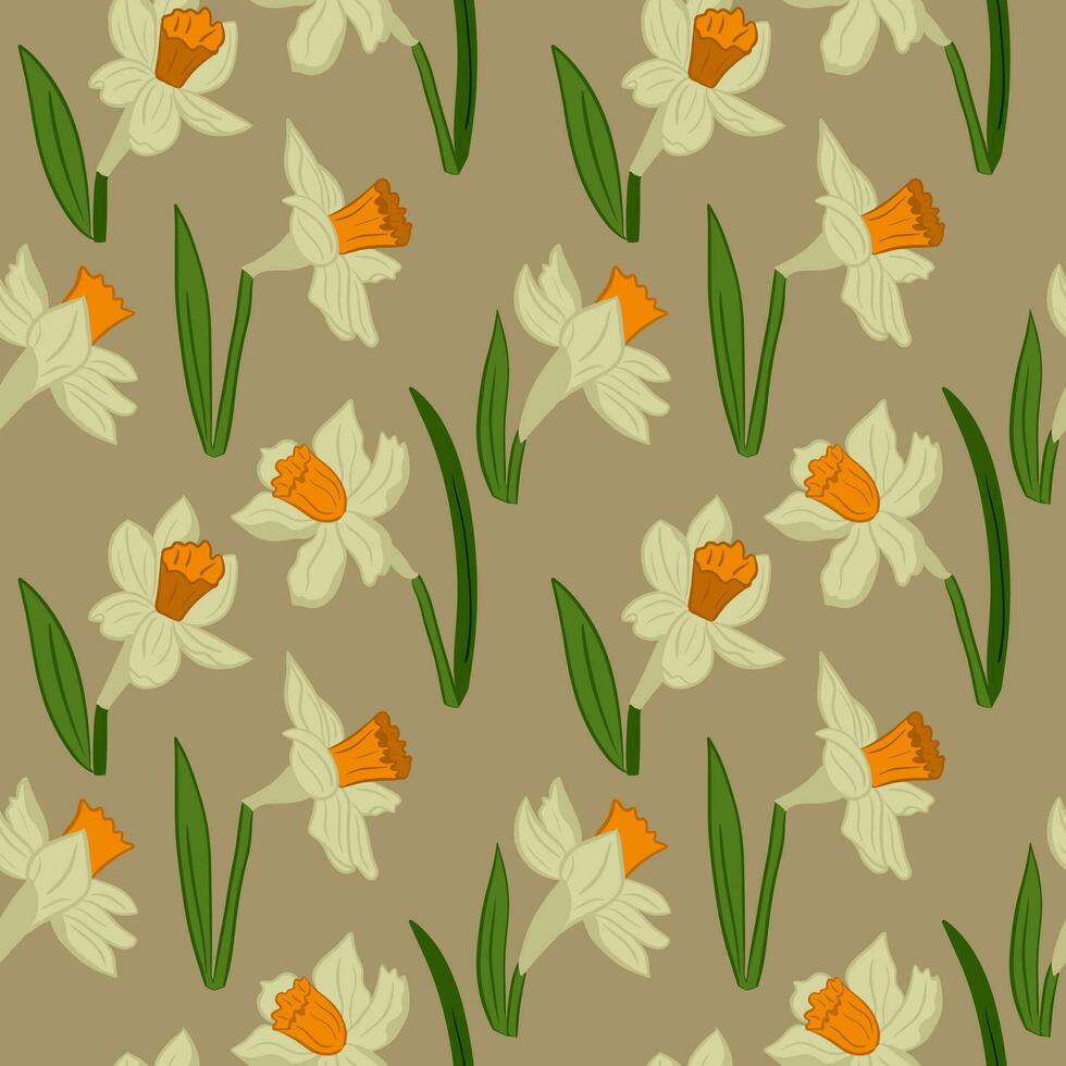 botanisch nahtlos Muster mit Blühen Narzissen. eben Vektor Blumen mit Blätter auf Beige Hintergrund. Ideal zum Verpackung Papier, Hintergrund, Hintergrund, Textil, Banner