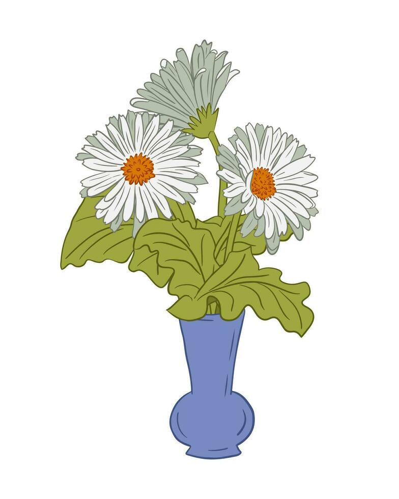 Weiß Kamille Strauß im Blau Vase. isoliert eben Vektor Komposition auf Weiß Hintergrund. Blumen- Sommer- Illustration. einzigartig botanisch Komposition