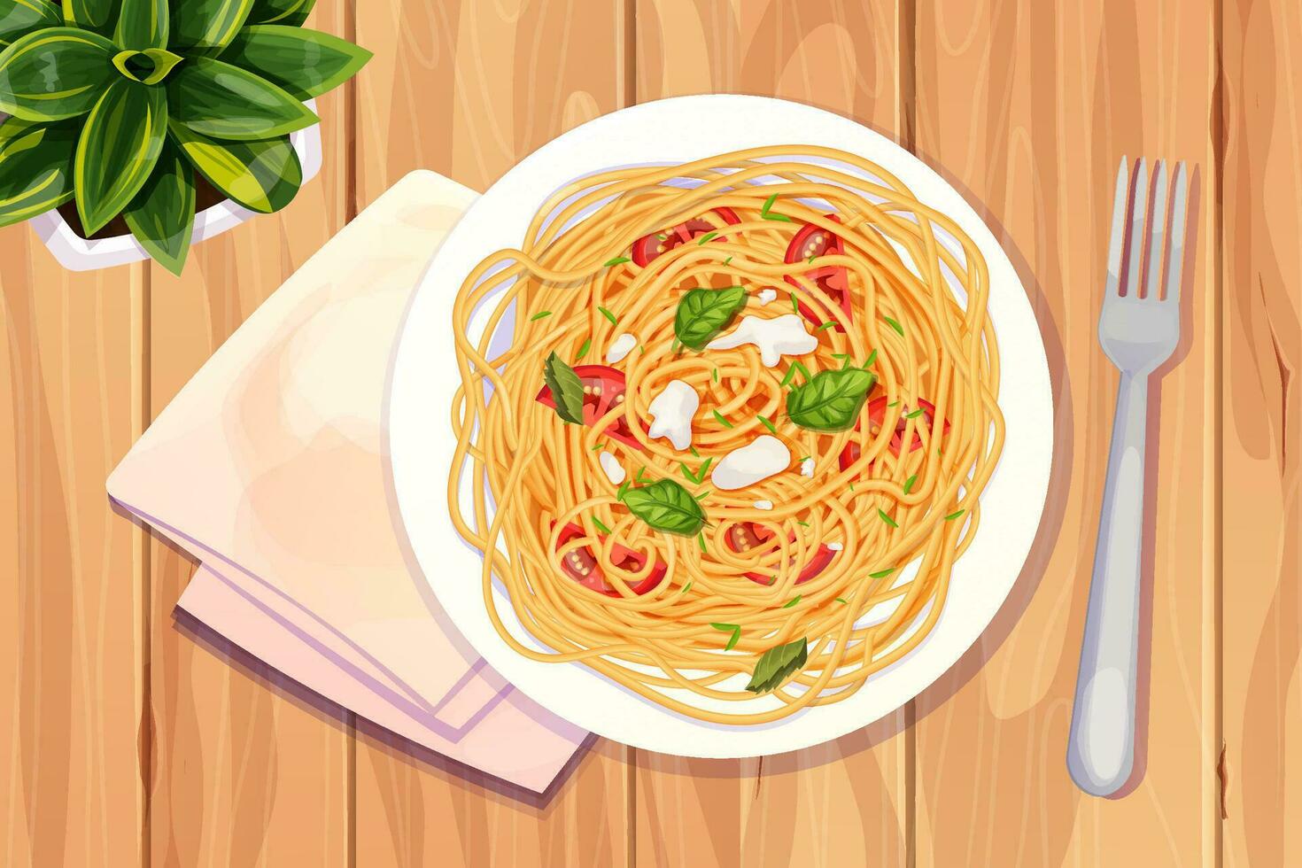 spaghetti pasta i trä- tallrik med tomater, basilika, mozzarella i tecknad serie stil topp se detaljerad och texturerad på trä- bakgrund. mat, italiensk kök. vektor illustration