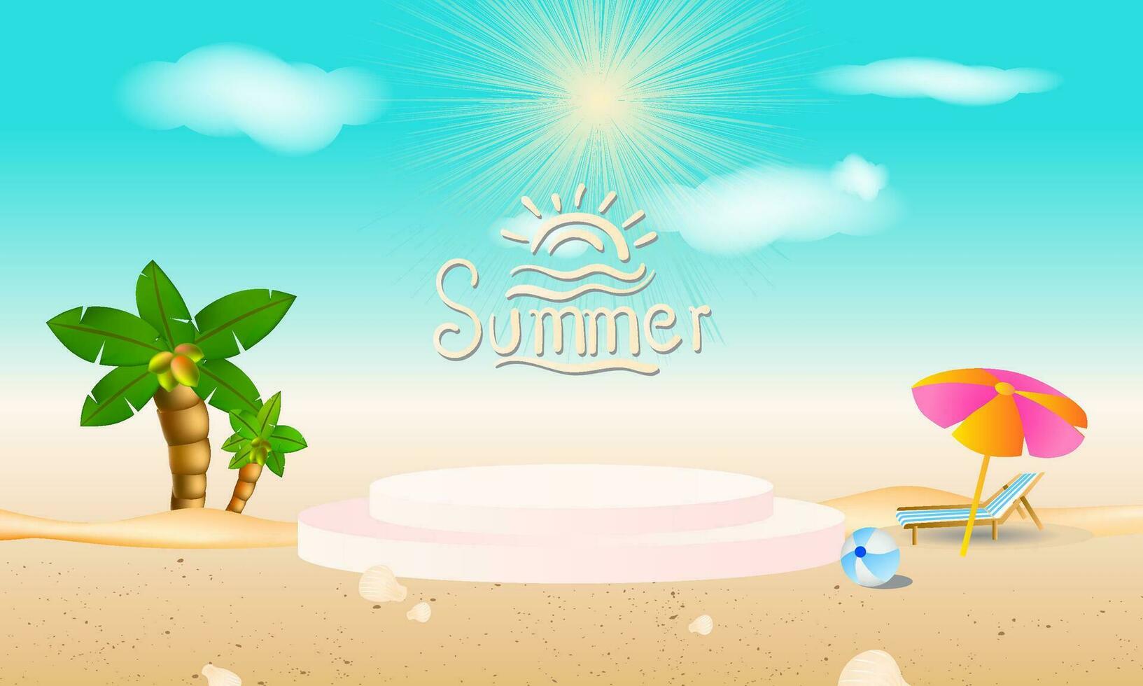illustration av sommar bakgrund med pall, handflata träd, Sol och sand. vektor