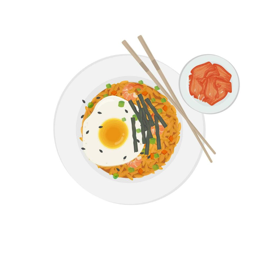 koreanska friterad ris illustration logotyp med kimchi sida maträtt eller bokkeumbap vektor