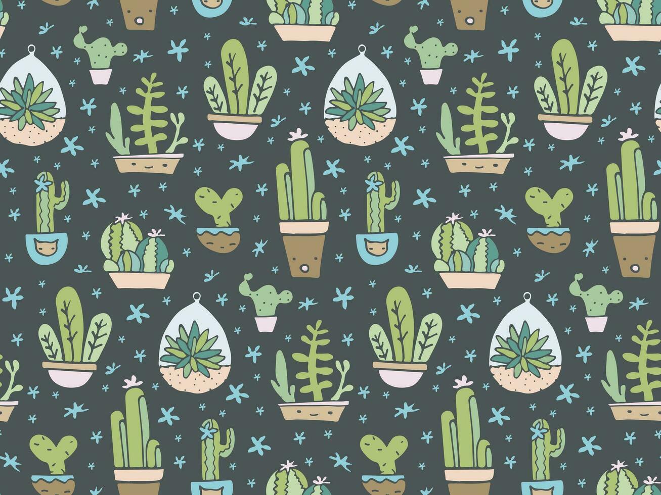 Vektor Textur mit eingetopft Zimmerpflanzen, süß Pflanzen nahtlos Textur, kawaii Kaktus Stoff, Gartenarbeit Gekritzel Ornament