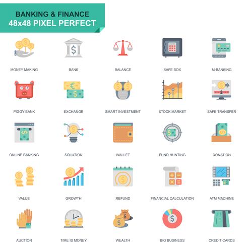 Einfache gesetzte flache Ikonen des Bankwesens und der Finanzierung für Website und bewegliche Apps vektor