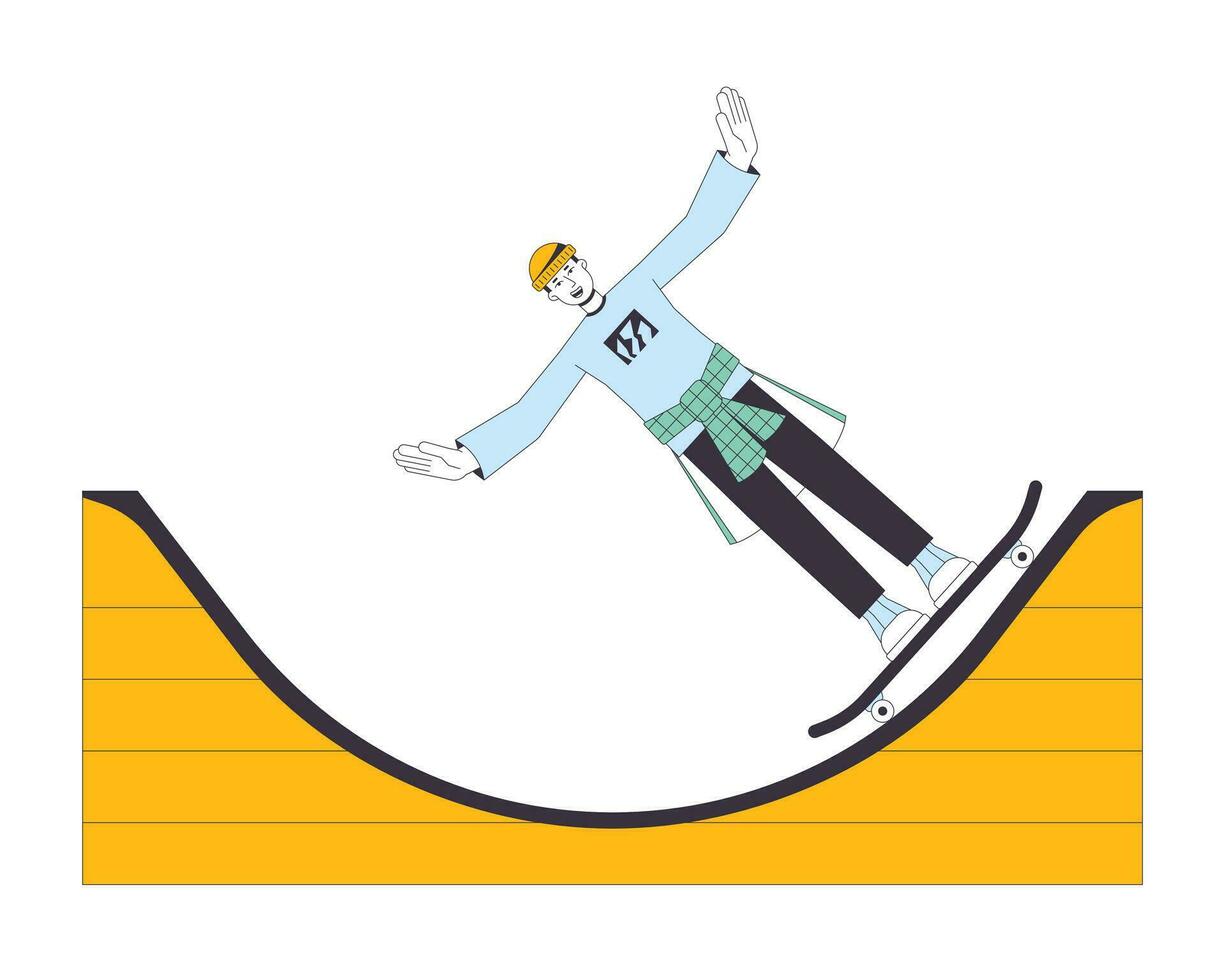 upphetsad man på skateboard platt linje Färg vektor karaktär. extrem sport. redigerbar översikt full kropp skater ha roligt med skateboard på vit. enkel tecknad serie fläck illustration för webb grafisk design