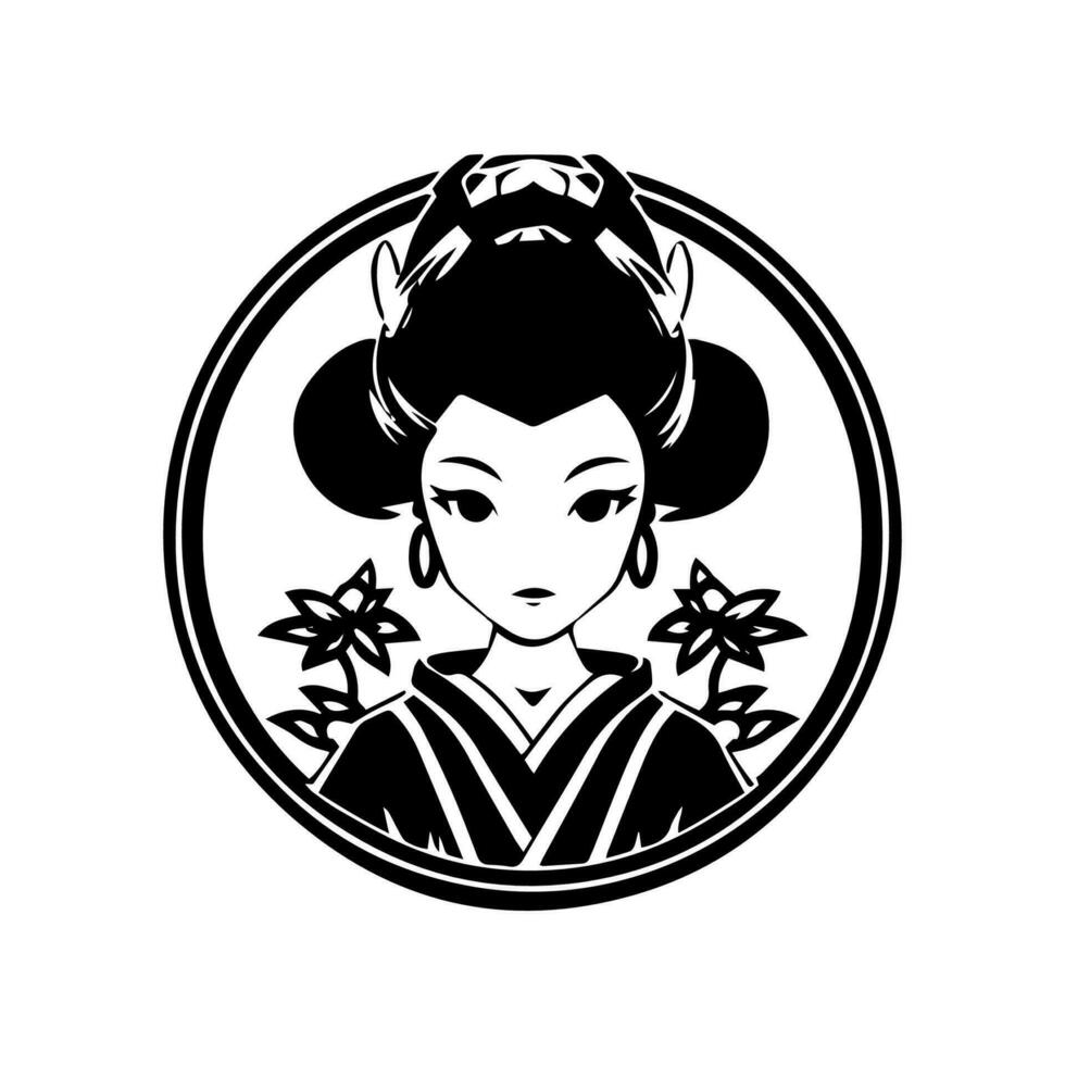 utsökt hand dragen logotyp design illustration terar en fängslande japansk geisha flicka, strålande elegans och nåd. vektor