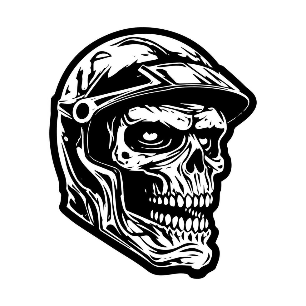 fesselnd Illustration von ein Schädel Zombie im ein Biker Helm, Erstellen ein auffällig Logo Design Das verkörpert ein Mischung von Grusel, Abenteuer, und das Nervenkitzel von das öffnen Straße vektor