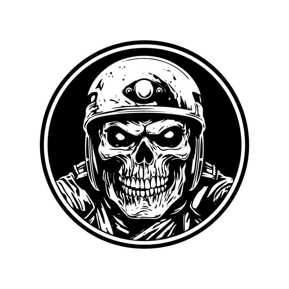 unik hand dragen logotyp design terar en skalle zombie med en motorcykel cyklist hjälm, representerar uppror, fara, och en orädd anda vektor