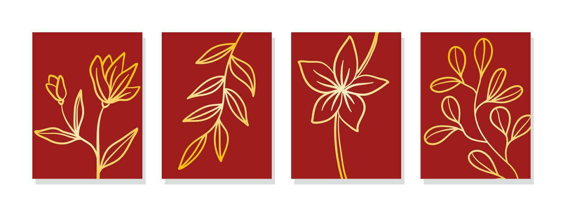 fantastisk minimalistisk abstrakt digital vägg konst terar illustrationer av blommor och löv med en strålnings gyllene lutning Färg. vektor