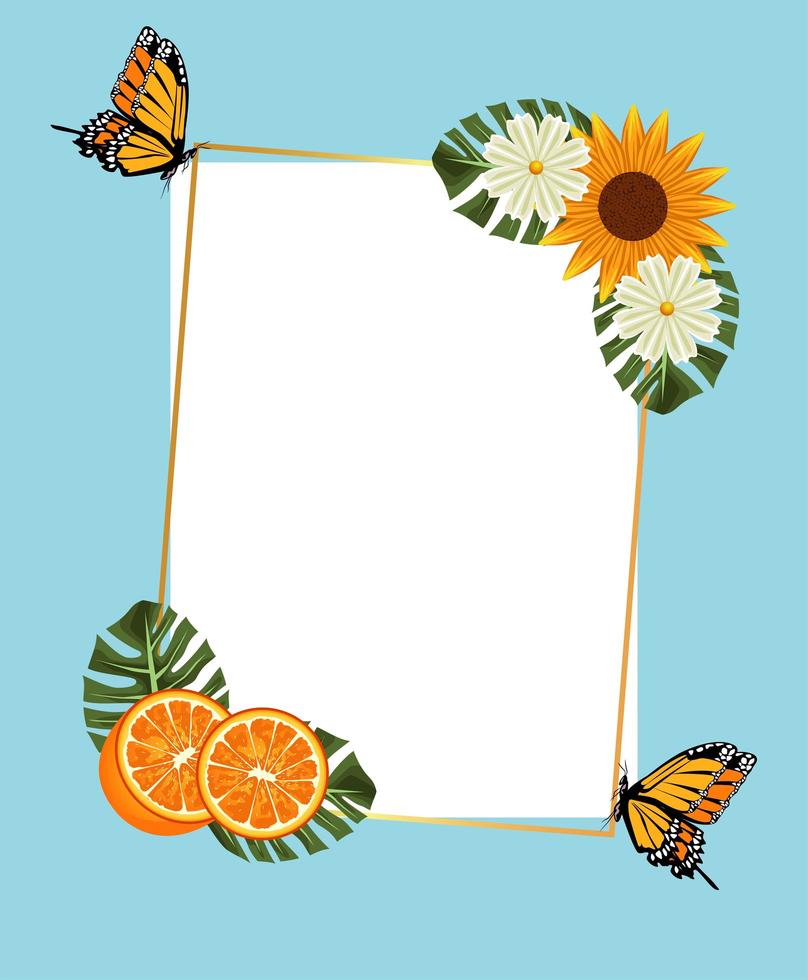 Zitrusfruchtposter mit Sonnenblumen und Orangen und Schmetterlingen im quadratischen Rahmen vektor