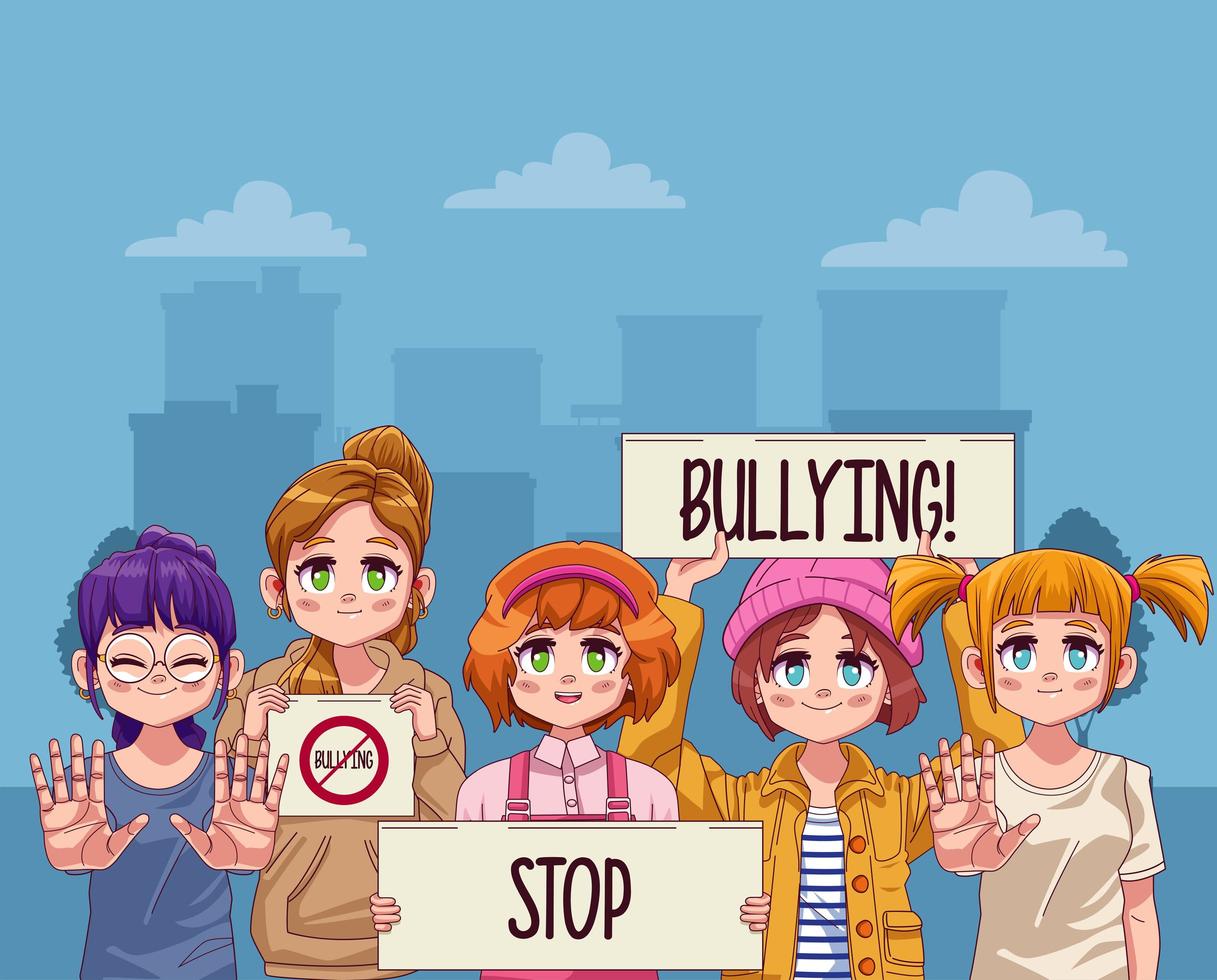 junge Teenager-Mädchen mit Stop-Mobbing-Schriftzügen in Protestbannern vektor