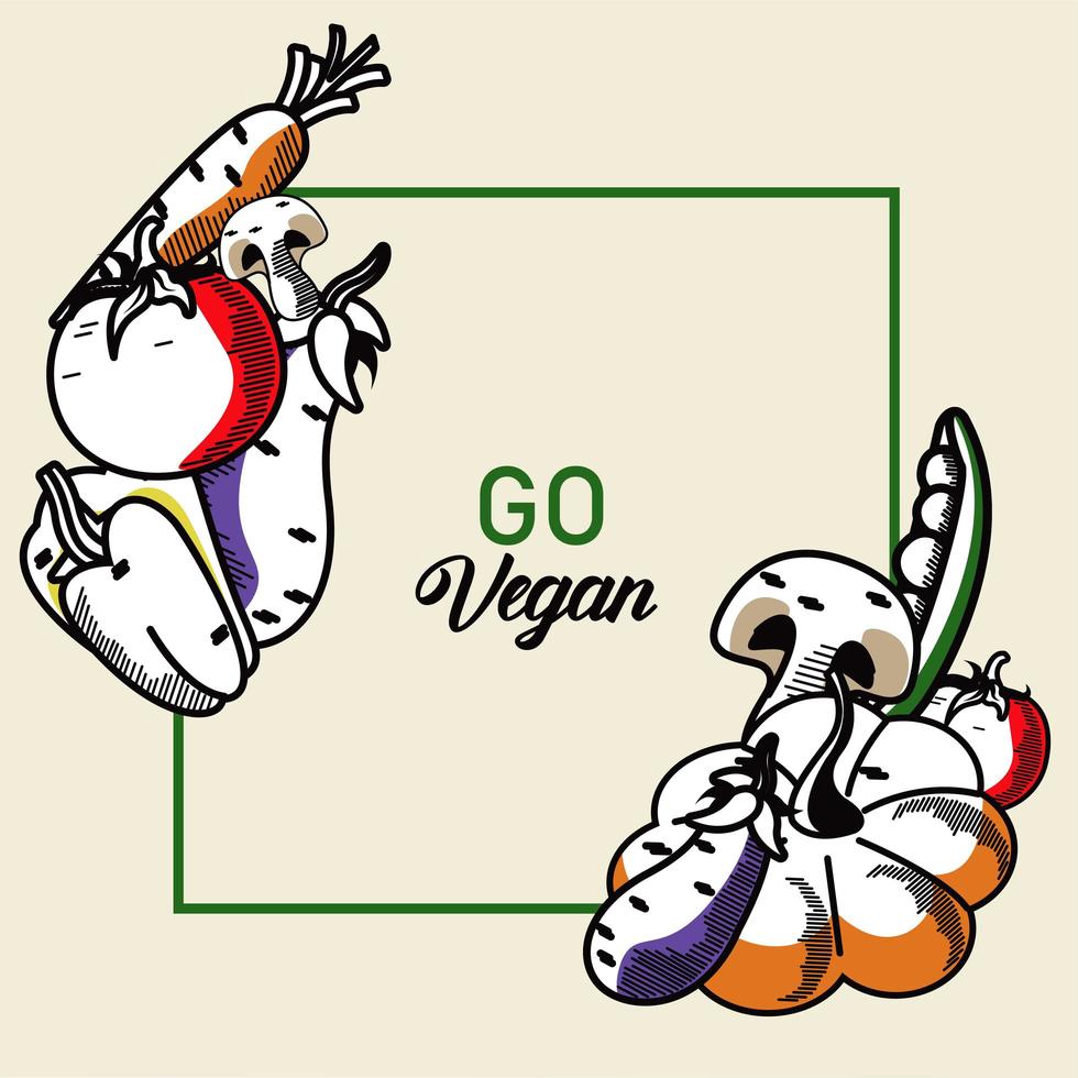 go vegan Schriftzug Poster mit Gemüse im quadratischen Rahmen vektor